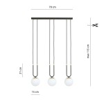 Lampa wisząca 3-punktowa w kolorze czarnym i białym, z trzema okrągłymi kloszami o średnicy 15 cm, zawieszona na czarnych linkach. Wymiary: 70 cm szerokości, 21 cm wysokości, maksymalna długość 115 cm. Złote detale przy kloszach.