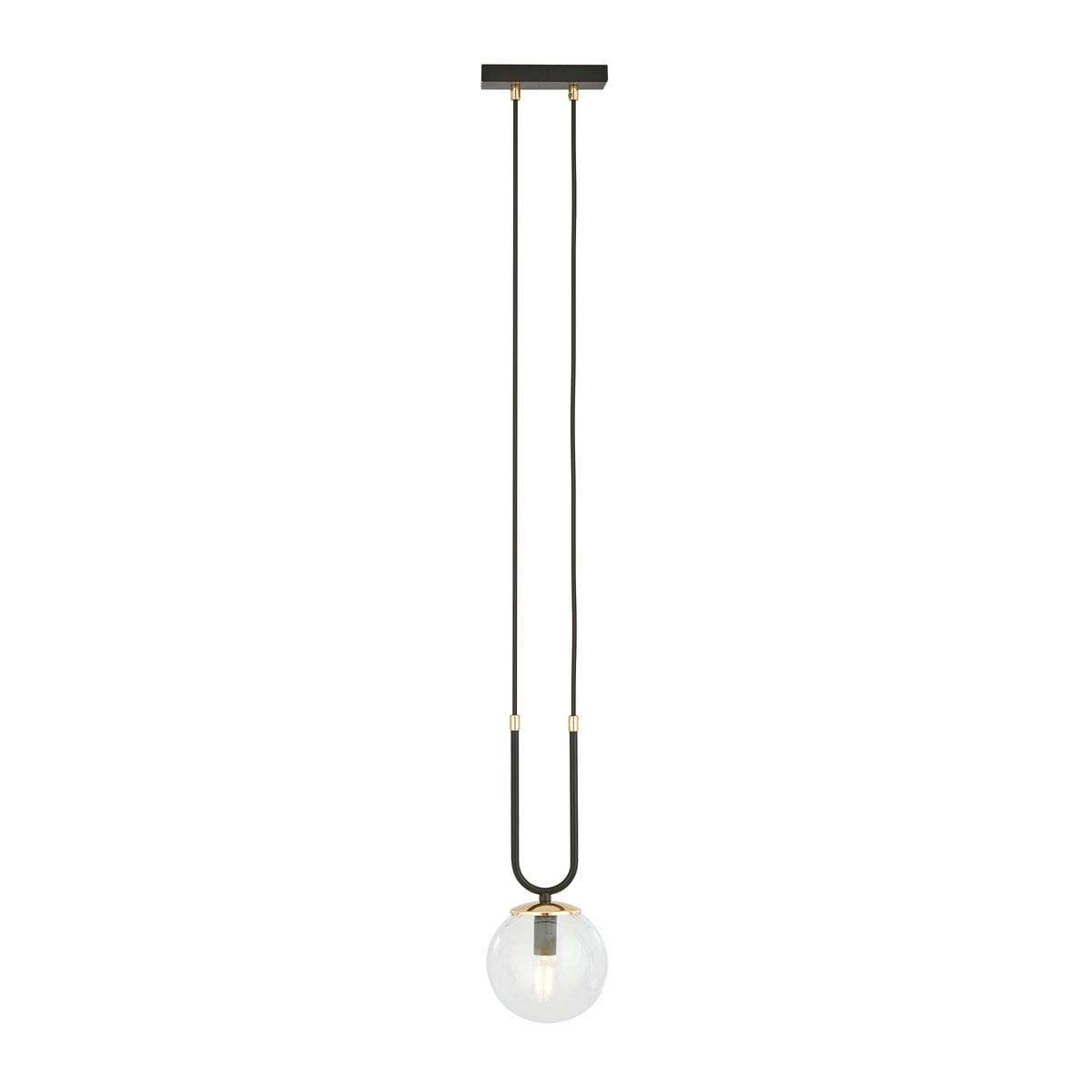 Czarna lampa wisząca 1-punktowa z przezroczystą kulistą szklaną osłoną. Ułożona pionowo, z dwiema czarnymi linkami i złotymi detalami. Proste, nowoczesne wzornictwo, idealna do różnych wnętrz. Tło białe, co podkreśla elegancję lampy.