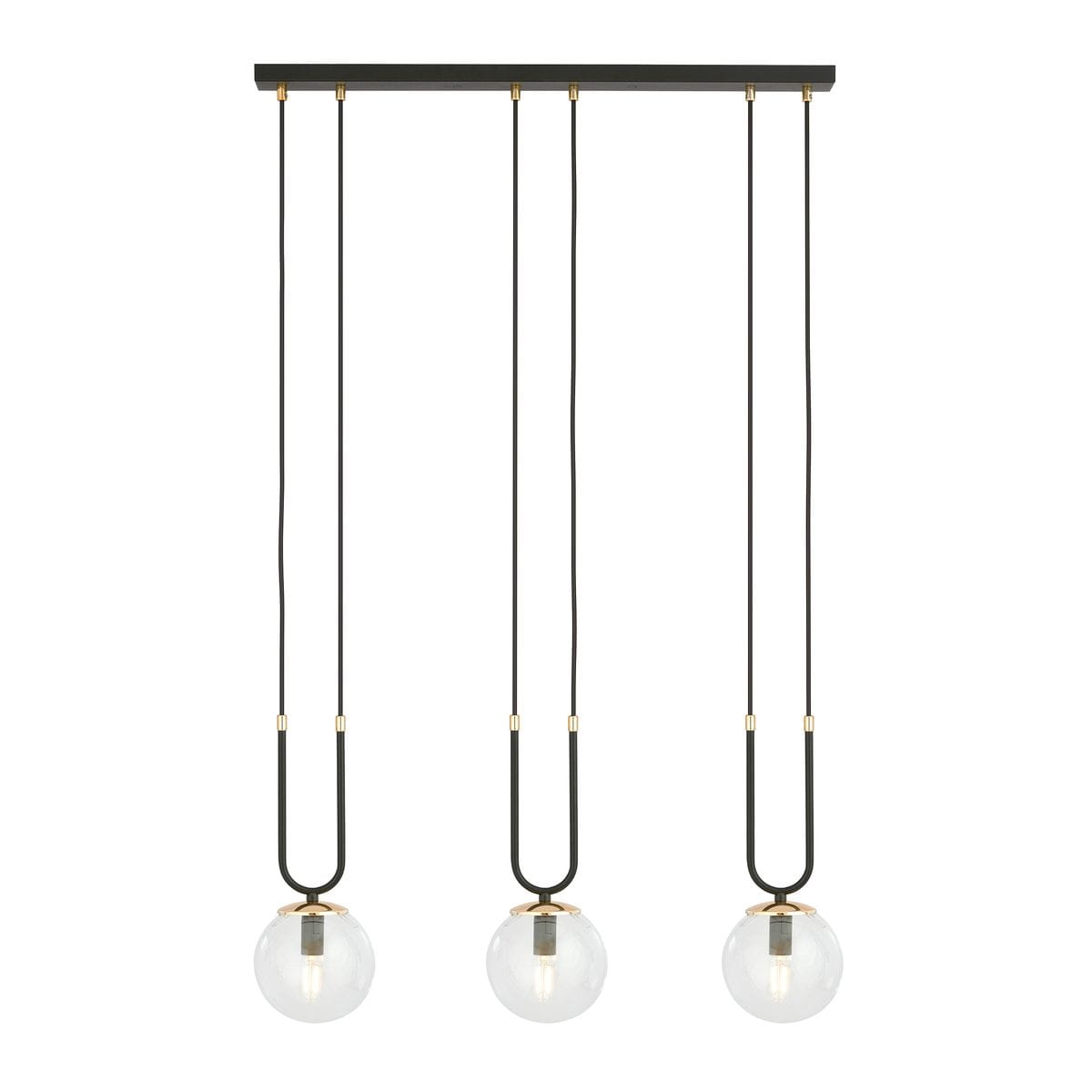 Czarna lampa wisząca 3-punktowa z transparentnymi kloszami. Klosze w kształcie kul, zawieszone na cienkich, czarnych przewodach. Metalowa podsufitka z elementami w kolorze złotym. Prosty, nowoczesny design, idealna do aranżacji wnętrz.
