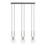Czarna lampa wisząca 3-punktowa z transparentnymi kloszami. Klosze w kształcie kul, zawieszone na cienkich, czarnych przewodach. Metalowa podsufitka z elementami w kolorze złotym. Prosty, nowoczesny design, idealna do aranżacji wnętrz.