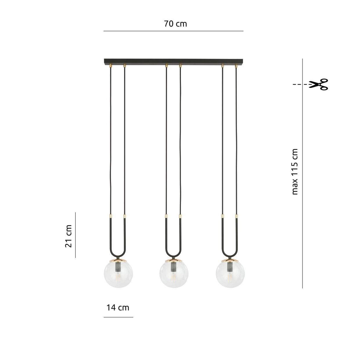 Czarna lampa wisząca 3-punktowa z przezroczystymi kloszami, zawieszona na trzech regulowanych kablach. Wymiary: długość 70 cm, wysokość 21 cm, średnica klosza 14 cm. Metalowa konstrukcja z elementami w kolorze złotym.