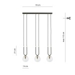 Czarna lampa wisząca 3-punktowa z przezroczystymi kloszami, zawieszona na trzech regulowanych kablach. Wymiary: długość 70 cm, wysokość 21 cm, średnica klosza 14 cm. Metalowa konstrukcja z elementami w kolorze złotym.