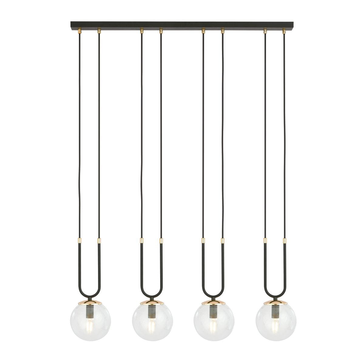 Lampa wisząca 4-punktowa w kolorze czarnym z przezroczystymi kloszami. Cztery kuliste źródła światła zawieszone na długich, czarnych przewodach z złotymi detalami. Ujęcie z przodu, pokazujące całą konstrukcję.