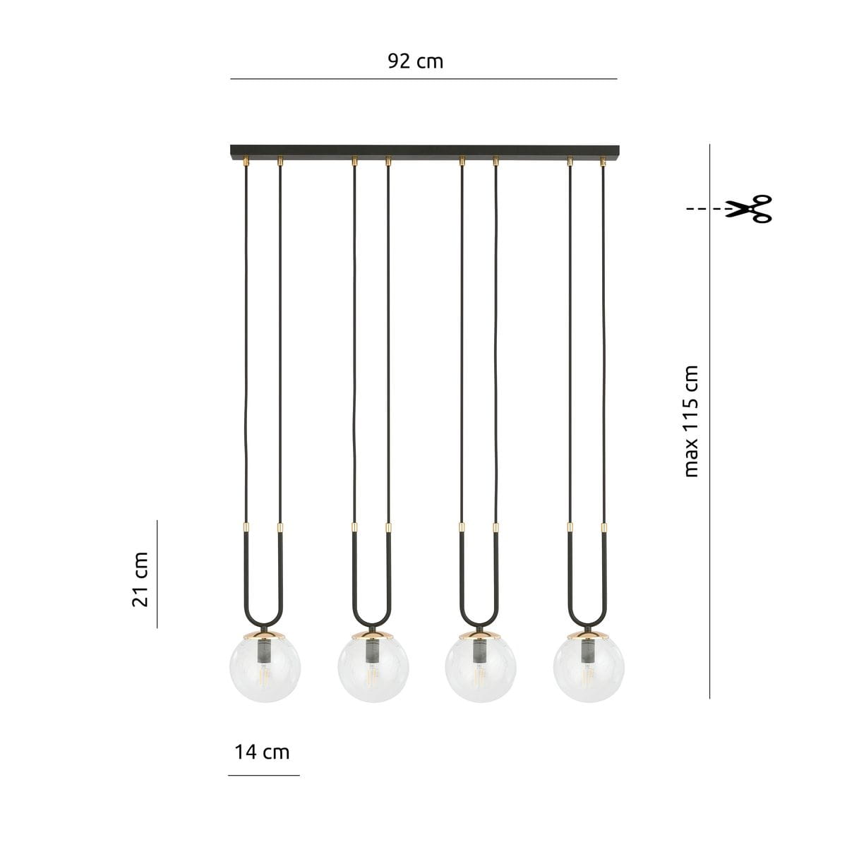 Czarna lampa wisząca 4-punktowa Glam z transparentnymi kloszami. Wymiary: 92 cm szerokości, 21 cm wysokości, 14 cm głębokości. Kable w czarnym kolorze, z możliwością regulacji do 115 cm. Złote detale przy mocowaniach.