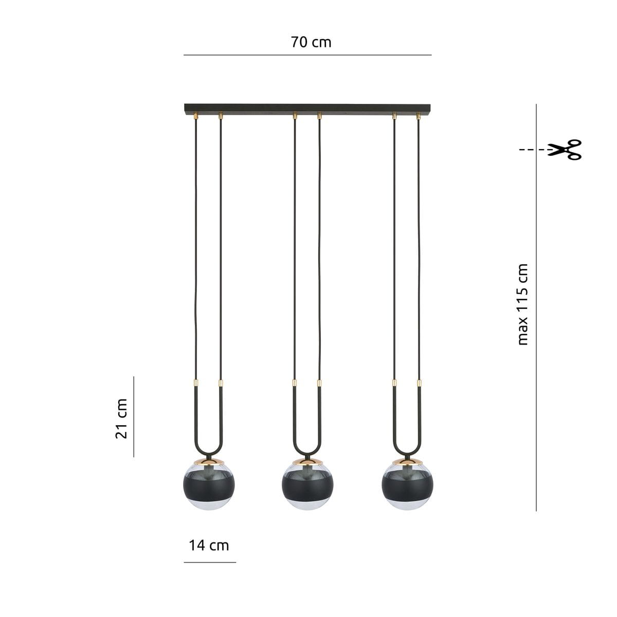 Lampa wisząca Glam 3-punktowa w kolorze czarnym z trzema kulistymi kloszami o średnicy 14 cm, zawieszona na czarnych przewodach, montowana na prostokątnej podstawie o szerokości 70 cm i maksymalnej długości 115 cm.