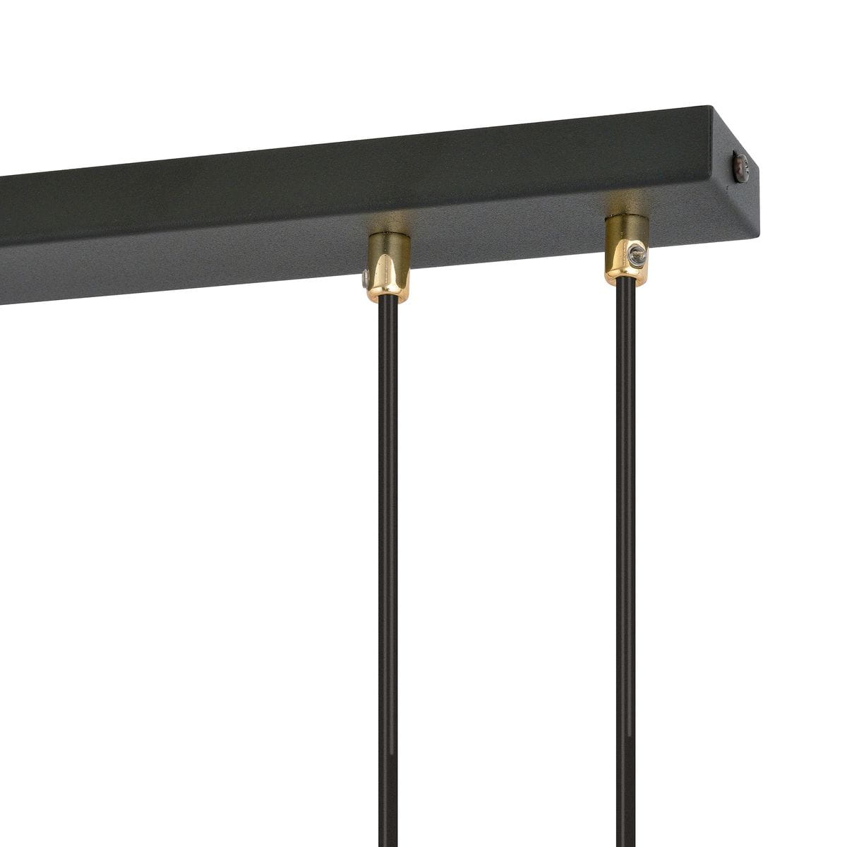 Czarna lampa wisząca Glam 4-punktowa z metalowym stelażem, w którym widoczne są dwa przewody. Elementy mocujące w kolorze złotym. Produkt zawieszony w pozycji poziomej, z detali uwidocznione są mocowania i kable.