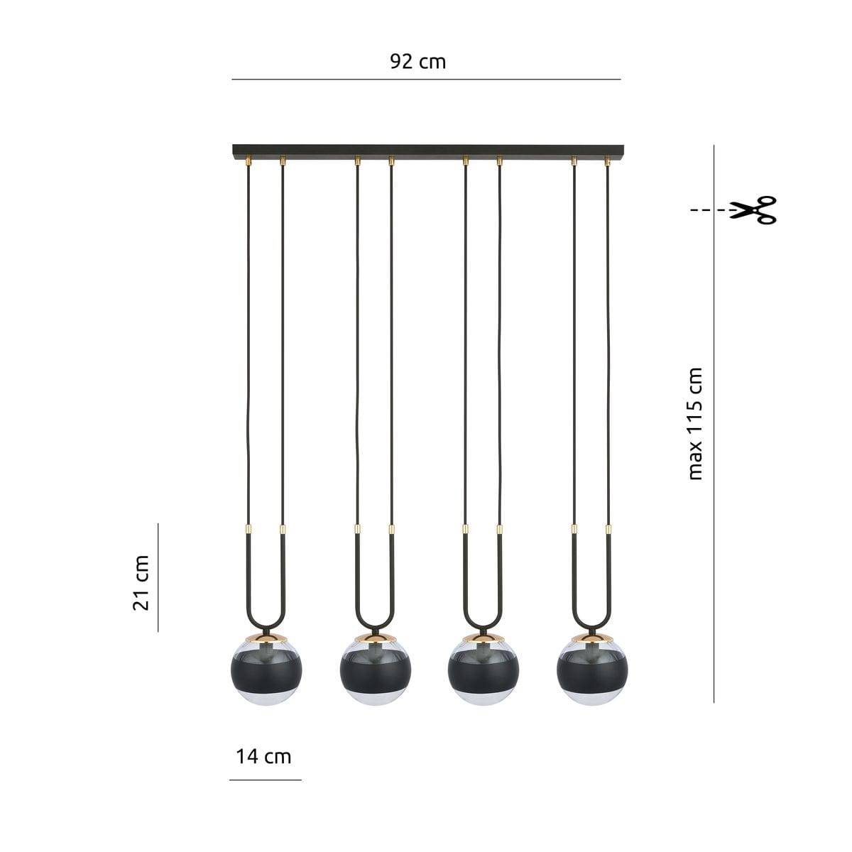 Czarna lampa wisząca 4-punktowa Glam z szklanymi kulami, zawieszona na czarnych przewodach. Wymiary: 92 cm szerokości, 21 cm wysokości, max 115 cm długości. Złote detale przy kulach. Prosta, nowoczesna forma, idealna do aranżacji wnętrz.