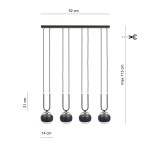 Czarna lampa wisząca 4-punktowa Glam z szklanymi kulami, zawieszona na czarnych przewodach. Wymiary: 92 cm szerokości, 21 cm wysokości, max 115 cm długości. Złote detale przy kulach. Prosta, nowoczesna forma, idealna do aranżacji wnętrz.