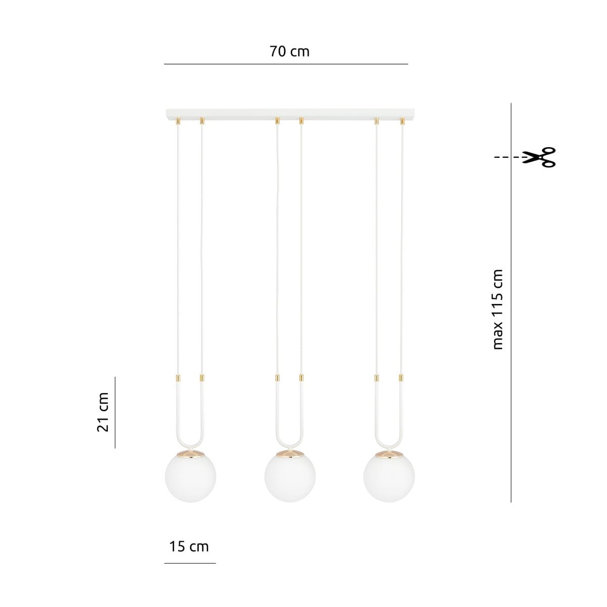 Biała lampa wisząca 3-punktowa Glam z trzema okrągłymi kloszami. Wymiary: długość 70 cm, wysokość max 115 cm, odległość między kloszami 15 cm. Klosze zawieszone na białych linkach, wykończone złotymi detalami.