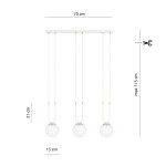 Biała lampa wisząca 3-punktowa Glam z trzema okrągłymi kloszami. Wymiary: długość 70 cm, wysokość max 115 cm, odległość między kloszami 15 cm. Klosze zawieszone na białych linkach, wykończone złotymi detalami.