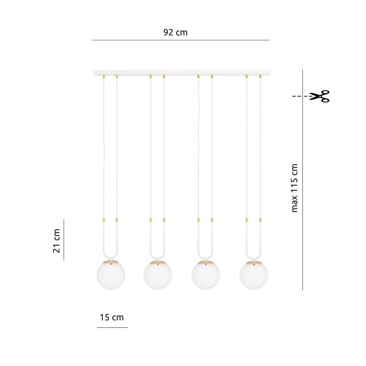 Lampa wisząca 4-punktowa w kolorze białym, z czterema okrągłymi kloszami ze szkła, zawieszonymi na białych przewodach. Wymiary: 92 cm szerokości, 21 cm wysokości, maksymalna długość 115 cm. Złote akcenty przy kloszach.