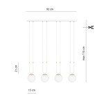 Lampa wisząca 4-punktowa w kolorze białym, z czterema okrągłymi kloszami ze szkła, zawieszonymi na białych przewodach. Wymiary: 92 cm szerokości, 21 cm wysokości, maksymalna długość 115 cm. Złote akcenty przy kloszach.