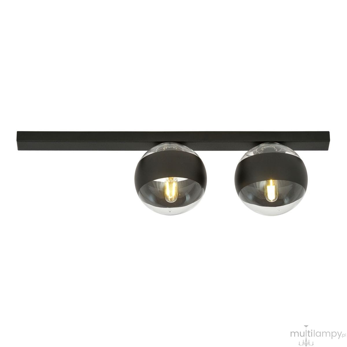 Czarna lampa sufitowa 2-punktowa Fit z metalowym prostokątnym mocowaniem. Dwie okrągłe oprawy z przezroczystym kloszem i czarnym wykończeniem, zamontowane równolegle. Produkt w ujęciu frontalnym, na białym tle.