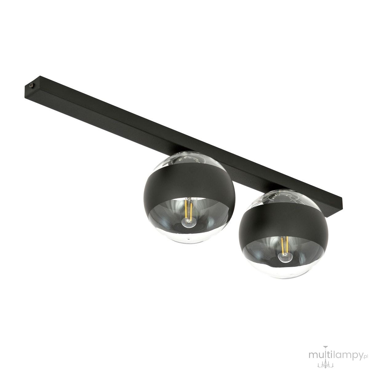 Lampa sufitowa Fit 2-punktowa w kolorze czarnym z metalowym stelażem. Dwa szklane klosze z widocznymi żarówkami w środku. Produkt montowany na suficie, z widocznym kształtem prostokątnym.