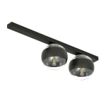 Lampa sufitowa Fit 2-punktowa w kolorze czarnym z metalowym stelażem. Dwa szklane klosze z widocznymi żarówkami w środku. Produkt montowany na suficie, z widocznym kształtem prostokątnym.