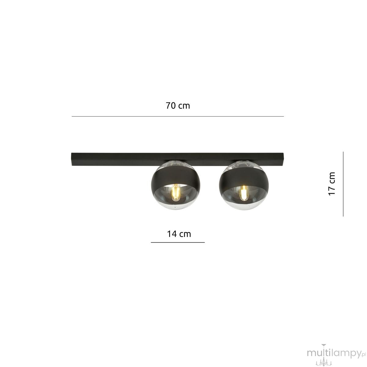Lampa sufitowa Fit 2-punktowa w kolorze czarnym z dwoma okrągłymi kloszami o średnicy 14 cm. Ułożona poziomo na prostokątnej belce o długości 70 cm i wysokości 17 cm. Prosty design, idealna do nowoczesnych wnętrz.