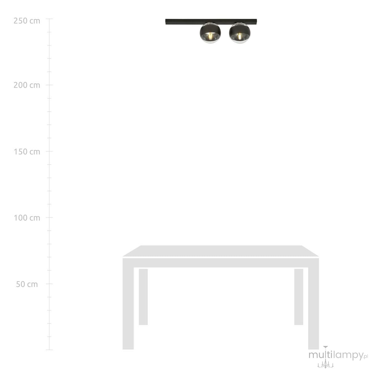 Czarna lampa sufitowa 2-punktowa Fit z metalowym stelażem i okrągłymi kloszami, zawieszona na poziomej listwie. Produkt zamontowany wysoko nad białym stołem, w minimalistycznym stylu, idealny do nowoczesnych wnętrz.