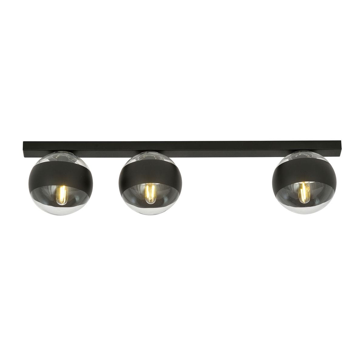 Lampa sufitowa 3-punktowa w kolorze czarnym z metalowym stelażem. Oświetlenie składa się z trzech okrągłych kloszy z przezroczystym szkłem i matowym wykończeniem. Produkt zamontowany jest poziomo.