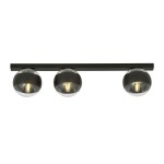 Lampa sufitowa 3-punktowa w kolorze czarnym z metalowym stelażem. Oświetlenie składa się z trzech okrągłych kloszy z przezroczystym szkłem i matowym wykończeniem. Produkt zamontowany jest poziomo.