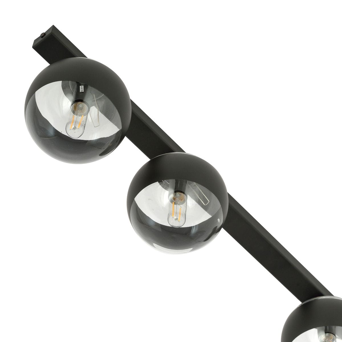 Lampa sufitowa 3-punktowa, czarna, z okrągłymi kloszami z przezroczystego szkła. Ujęcie z góry, pokazujące dwa klosze i element montażowy. Widoczne żarówki w środku kloszy. Prosty, nowoczesny design idealny do różnych wnętrz.