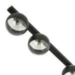Lampa sufitowa 3-punktowa, czarna, z okrągłymi kloszami z przezroczystego szkła. Ujęcie z góry, pokazujące dwa klosze i element montażowy. Widoczne żarówki w środku kloszy. Prosty, nowoczesny design idealny do różnych wnętrz.