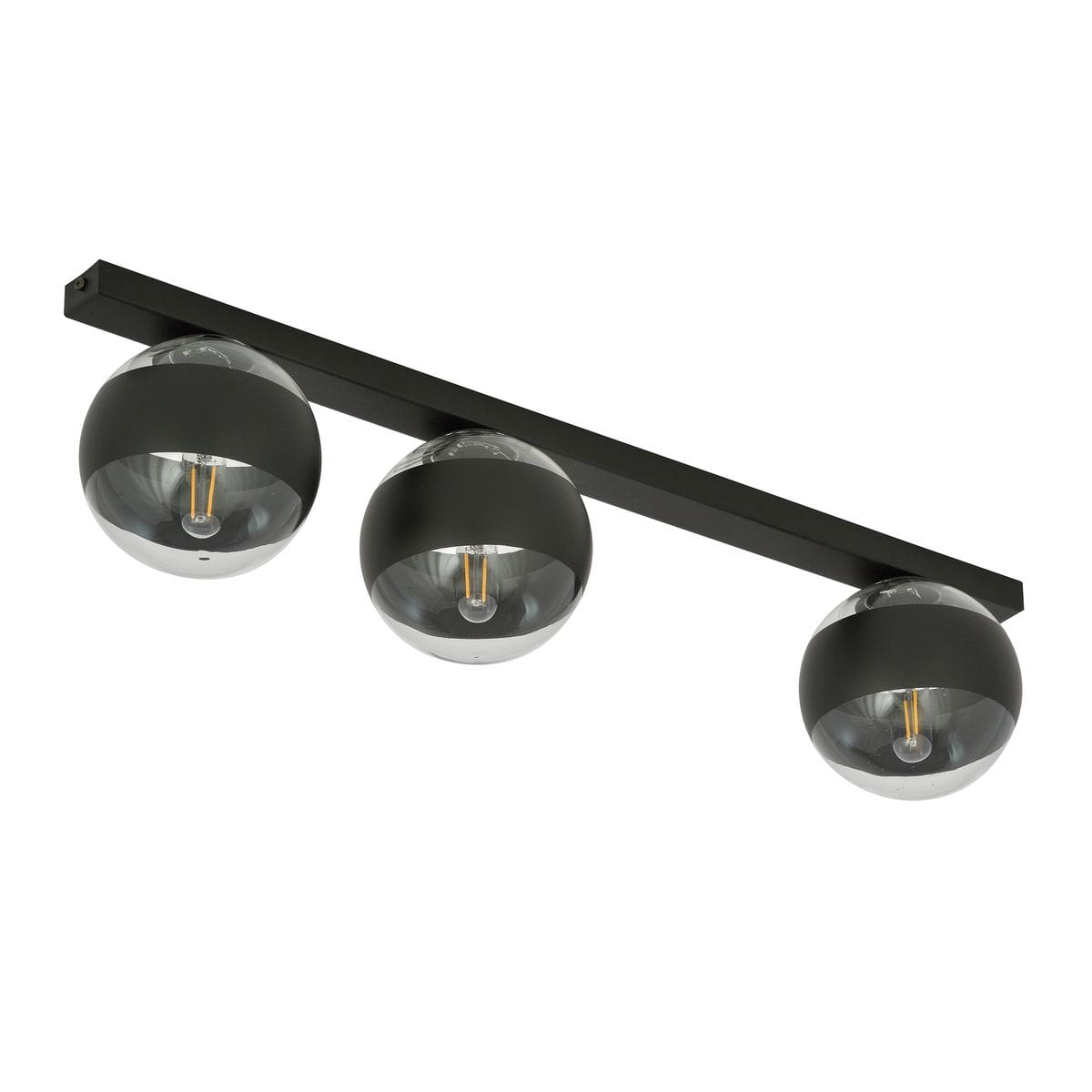 Lampa sufitowa 3-punktowa w kolorze czarnym z metalowym stelażem. Trzy okrągłe klosze w przezroczystym, szklanym wykończeniu z widocznymi żarówkami. Produkt zamontowany na poziomej listwie, w ujęciu frontalnym na jasnym tle.