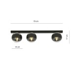 Czarna lampa sufitowa 3-punktowa Fit z trzema okrągłymi kloszami, umieszczona na prostokątnej belce. Wymiary: długość 70 cm, wysokość 17 cm, głębokość 14 cm. Klosze mają półprzezroczystą górę i matowe wykończenie. Idealna do nowoczesnych wnętrz.