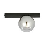 Czarna lampa sufitowa Fit 1-punktowa z metalowym, połyskującym kloszem w kształcie kuli. Prosta, pozioma, grafitowa konstrukcja montażowa. Ujęcie frontalne, lampa zamontowana na suficie, idealna do nowoczesnych wnętrz.