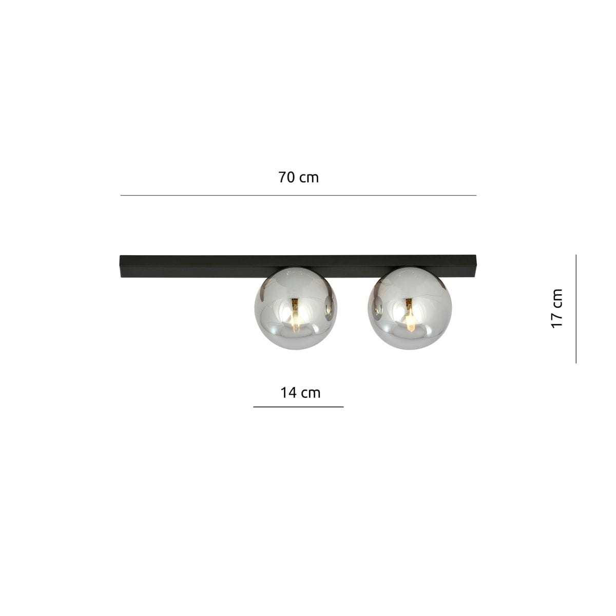 Fit lampa sufitowa 2-punktowa w kolorze czarnym i grafitowym, z dwiema okrągłymi, metalicznymi kloszami o średnicy 14 cm. Ułożona poziomo na prostej listwie, wymiary: 70 cm długości, 17 cm wysokości. Idealna do nowoczesnych wnętrz.
