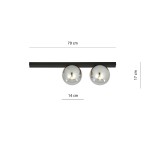 Fit lampa sufitowa 2-punktowa w kolorze czarnym i grafitowym, z dwiema okrągłymi, metalicznymi kloszami o średnicy 14 cm. Ułożona poziomo na prostej listwie, wymiary: 70 cm długości, 17 cm wysokości. Idealna do nowoczesnych wnętrz.