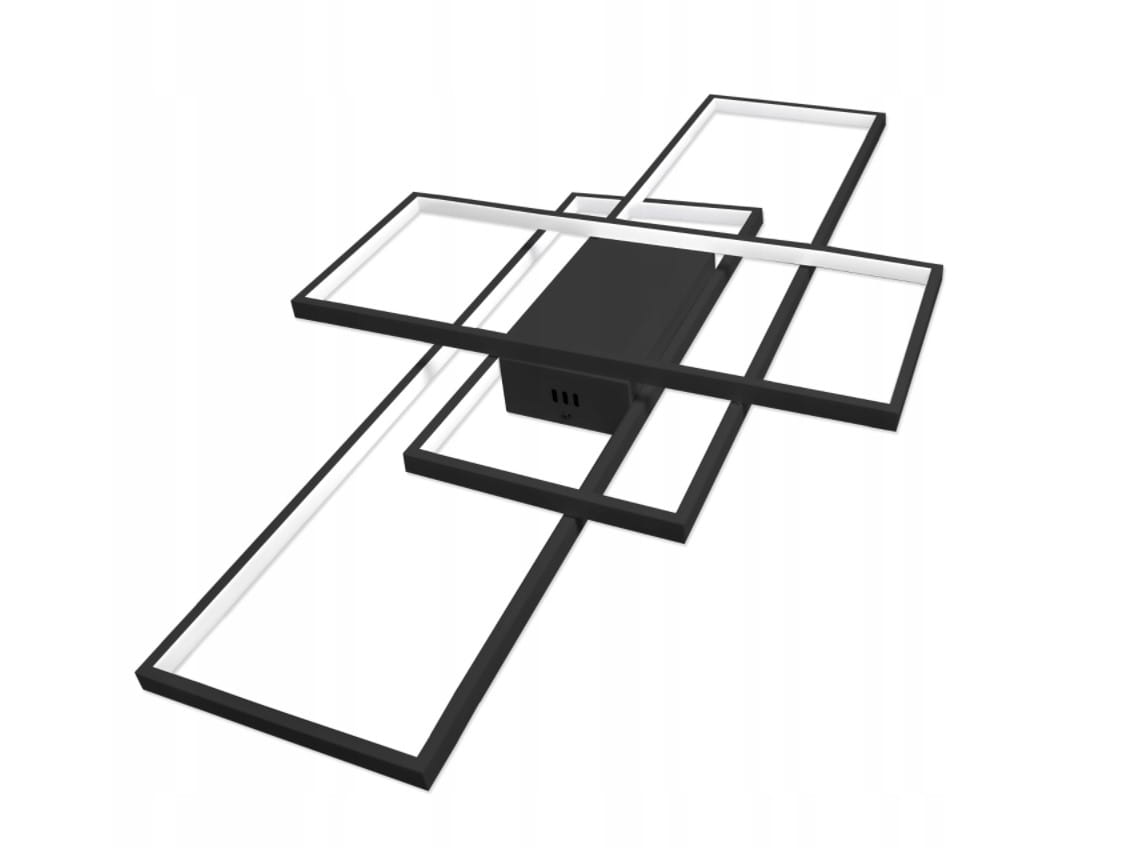 Czarna lampa sufitowa Galaxis Pegaz LED 130W, 3-punktowa, z pilotem. Produkt ma nowoczesny, geometryczny design z trzema prostokątnymi ramkami, w których umieszczono źródła światła. Ujęcie z góry, widoczna centralna część montażowa.