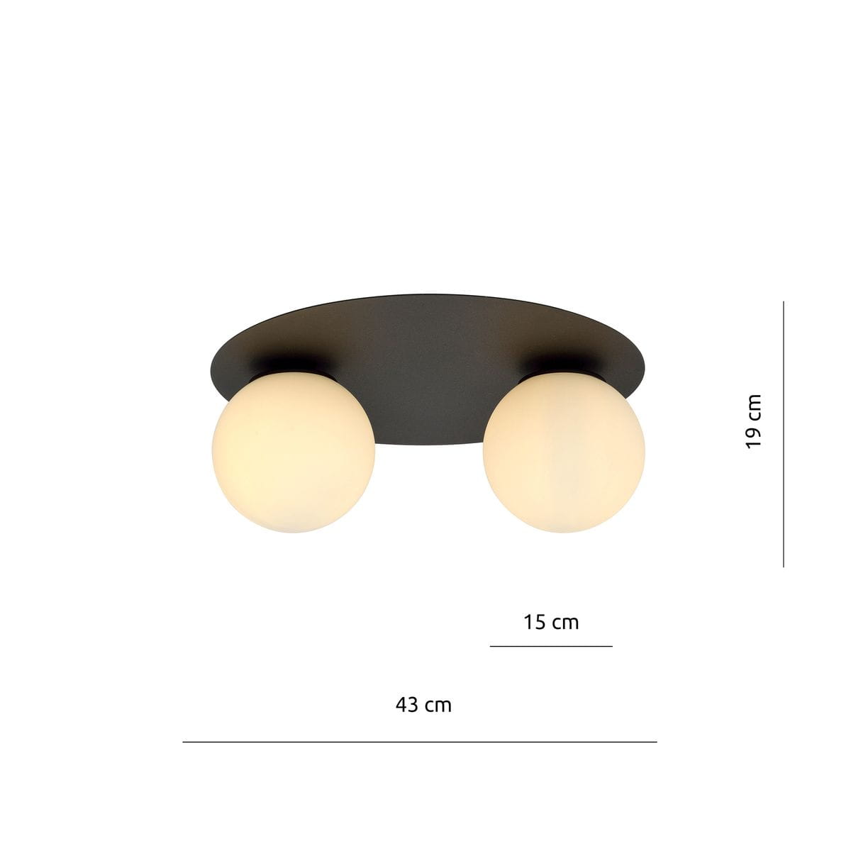Czarna i biała lampa sufitowa 2-punktowa Solar 1127/2 z okrągłą podstawą. Dwa matowe klosze w kształcie kul umieszczone na czarnym podłożu. Wymiary: 43 cm szerokości, 19 cm wysokości, 15 cm głębokości.