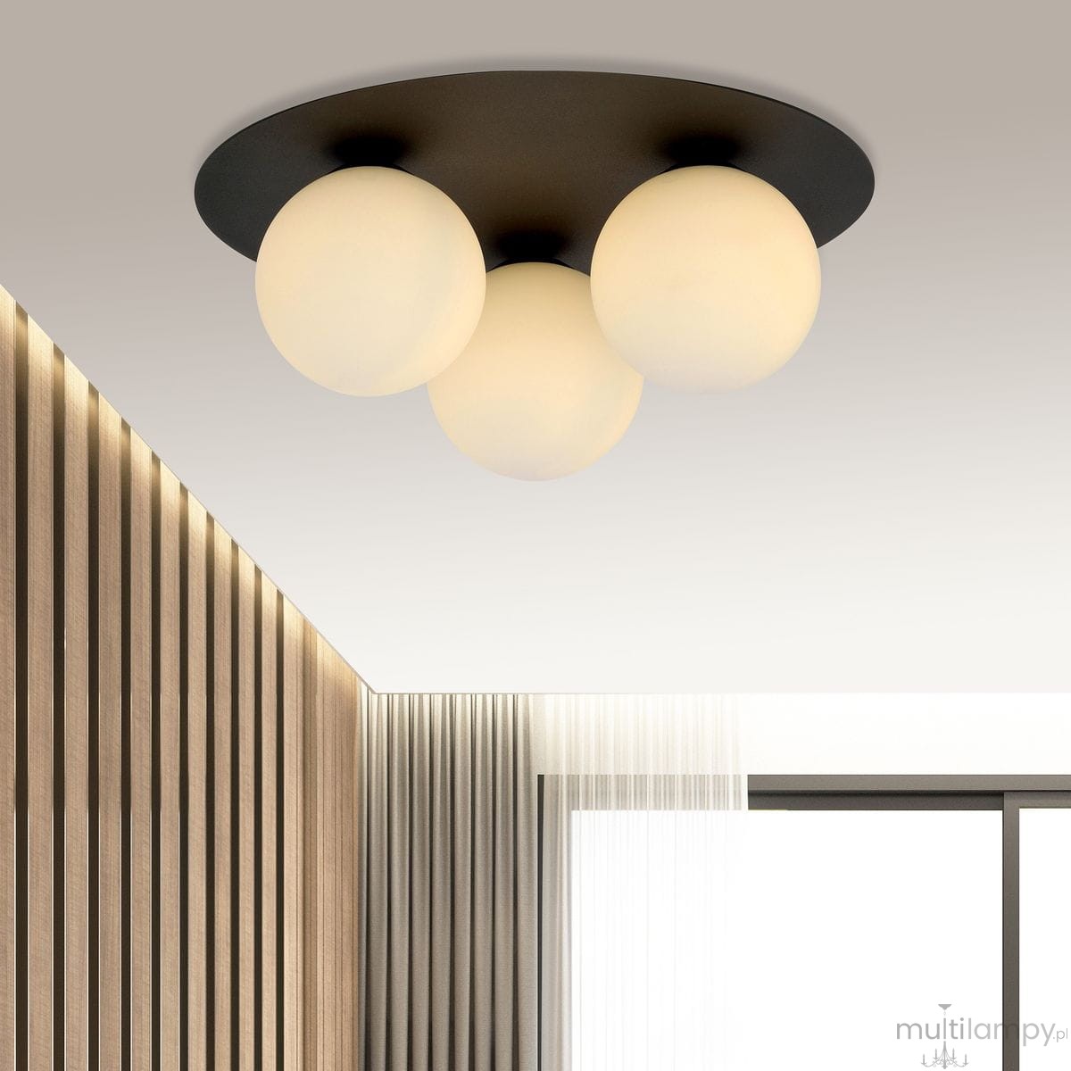 Czarna sufitowa lampa 3-punktowa z białymi, okrągłymi kloszami, zamontowana na gładkiej, okrągłej podstawie. Widok z dołu, w nowoczesnym wnętrzu z drewnianą ścianą i dużym oknem.