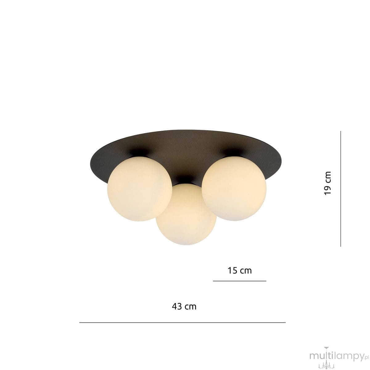 Czarna sufitowa lampa 3-punktowa z białymi okrągłymi kloszami, o średnicy 15 cm, na okrągłej podstawie, z wysokością 19 cm i średnicą 43 cm. Lampa montowana na suficie, prezentująca nowoczesny design.