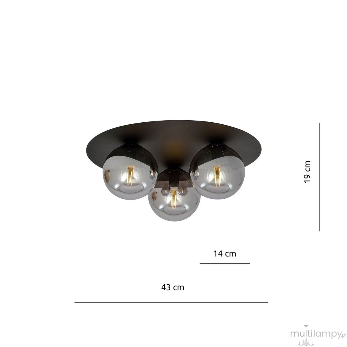Czarna/grafitowa lampa sufitowa 3-punktowa z trzema szklanymi kulami o średnicy 14 cm. Wymiary: 43 cm średnicy, 19 cm wysokości. Kule zawierają widoczne żarówki, montowane na okrągłej podstawie. Produkt idealny do nowoczesnych wnętrz.