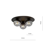 Czarna/grafitowa lampa sufitowa 3-punktowa z trzema szklanymi kulami o średnicy 14 cm. Wymiary: 43 cm średnicy, 19 cm wysokości. Kule zawierają widoczne żarówki, montowane na okrągłej podstawie. Produkt idealny do nowoczesnych wnętrz.