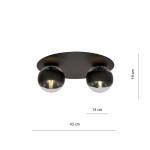 Czarna sufitowa lampa 2-punktowa z okrągłą podstawą i dwoma szklanymi kulami. Wymiary: 43 cm średnicy, 19 cm wysokości, 14 cm szerokości. Kule z widocznymi żarówkami emitującymi ciepłe światło, minimalistyczny design, idealna do nowoczesnych wnętrz.