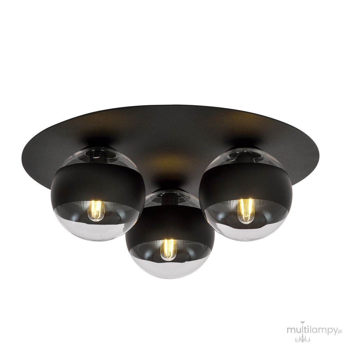 Trójpunktowa lampa sufitowa w kolorze czarnym z przezroczystymi kloszami. Ułożona płasko, z trzema żarówkami o widocznych filamentach. Metalowa podstawka o okrągłym kształcie, minimalistyczny design.