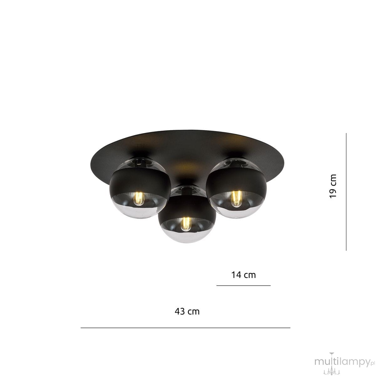 Czarna sufitowa lampa 3-punktowa z przezroczystymi kloszami, średnica 43 cm, wysokość 19 cm, z trzema źródłami światła. Klosze o średnicy 14 cm umieszczone na okrągłej podstawie. Prosty design, idealna do nowoczesnych wnętrz.