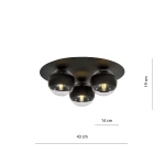 Czarna sufitowa lampa 3-punktowa z przezroczystymi kloszami, średnica 43 cm, wysokość 19 cm, z trzema źródłami światła. Klosze o średnicy 14 cm umieszczone na okrągłej podstawie. Prosty design, idealna do nowoczesnych wnętrz.