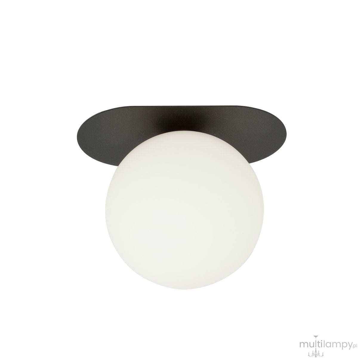 Czarna lampa sufitowa 1-punktowa Plaza z białą, okrągłą kloszem. Ujęcie z góry, klosz umieszczony na prostokątnej, czarnej podstawie. Prosta forma, idealna do nowoczesnych wnętrz.