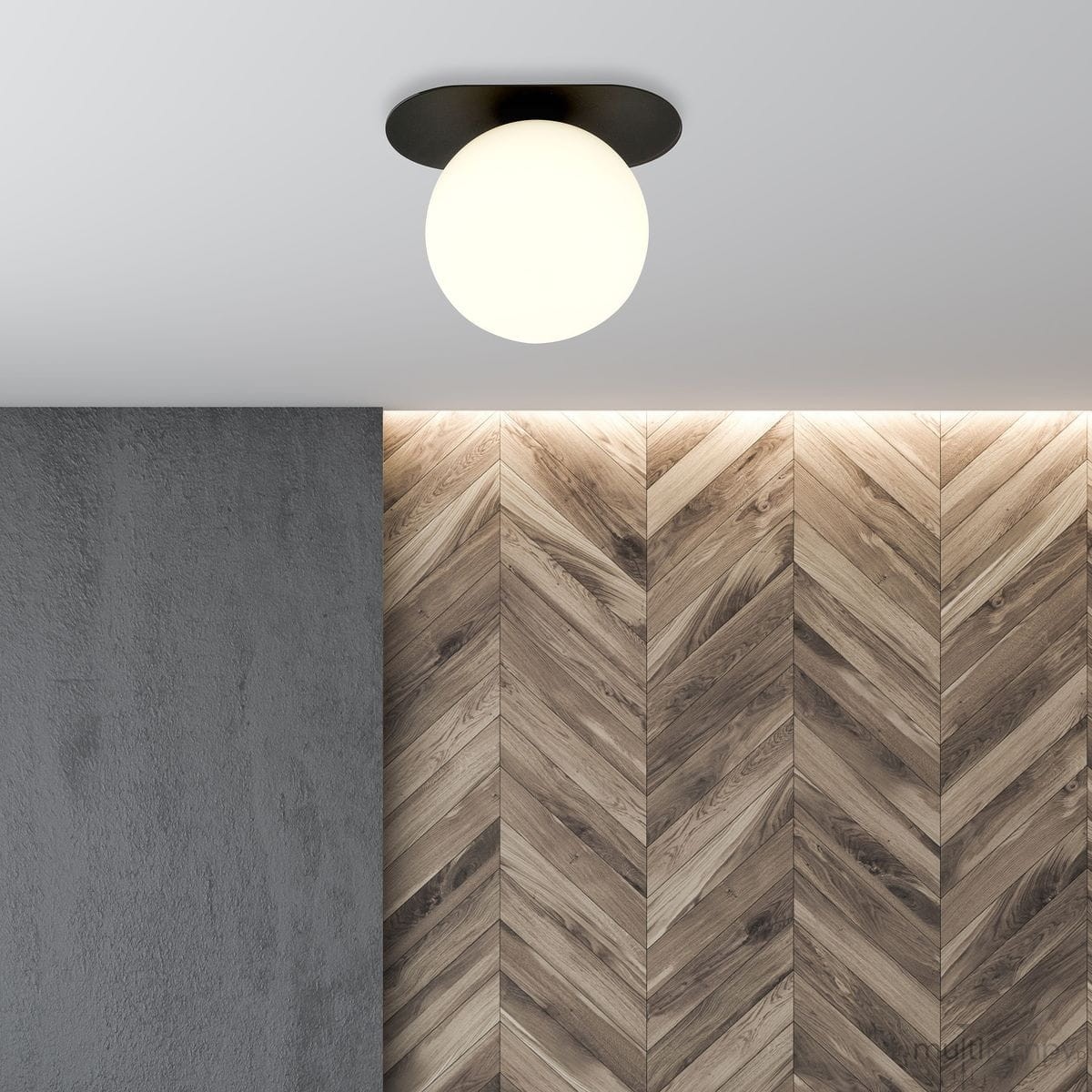 Lampa sufitowa Plaza 1-punktowa w kolorze czarnym i białym, z okrągłym, mlecznobiałym kloszem. Zainstalowana na białym suficie, w otoczeniu ściany z teksturą betonu i drewnianych paneli w układzie jodełkowym.