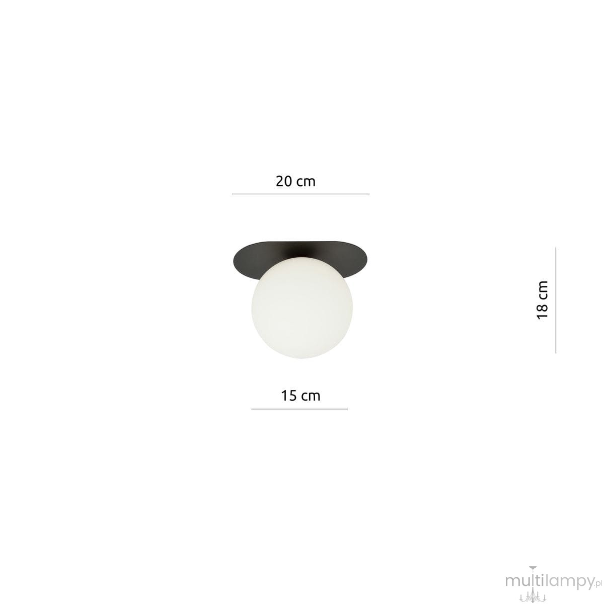 Plaza lampa sufitowa 1-punktowa w kolorze czarnym i białym. Okrągła, matowa kula o średnicy 15 cm umieszczona na czarnej podstawie. Wymiary: wysokość 18 cm, średnica podstawy 20 cm. Produkt montowany sufitowo.