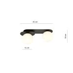 Lampa sufitowa Plaza 2-punktowa w kolorze czarnym i białym, z dwoma okrągłymi kloszami. Wymiary: 45 cm szerokości, 18 cm wysokości i 15 cm głębokości. Ujęcie frontalne, produkt zamontowany na ścianie, minimalistyczny design.