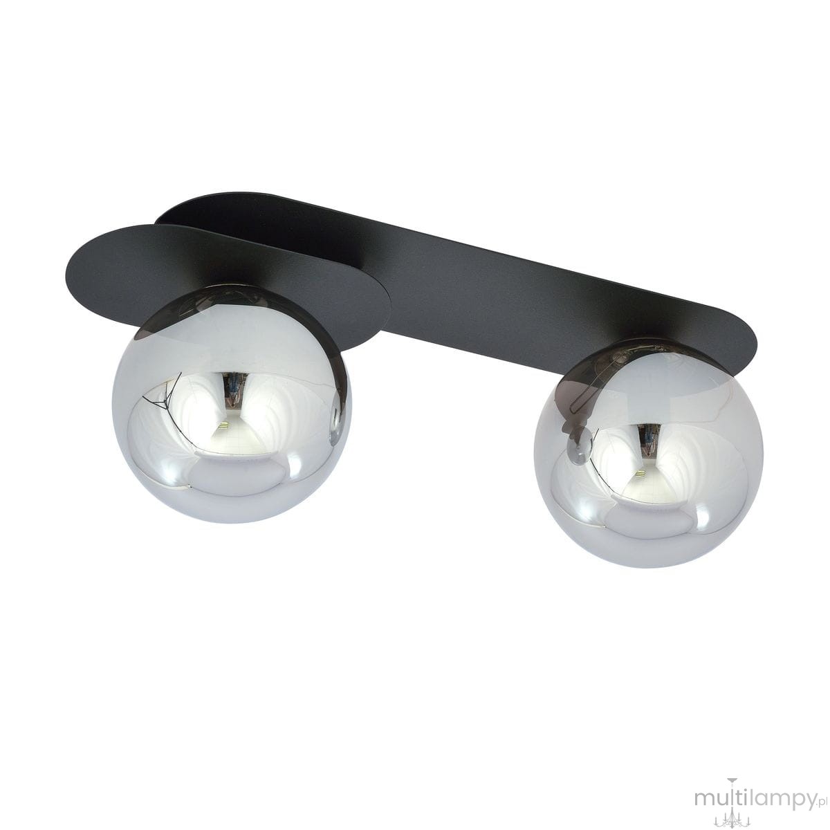 Lampa sufitowa Plaza 2-punktowa w kolorze czarnym i grafitowym, z dwoma okrągłymi, błyszczącymi kloszami. Produkt zamontowany na prostokątnej, czarnej podstawie, widoczny z przodu, w układzie poziomym.