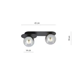 Plaza lampa sufitowa 2-punktowa w kolorze czarnym i grafitowym. Posiada dwa okrągłe klosze z przezroczystego szkła, montowana na ścianie, wymiary: 45 cm szerokości, 18 cm wysokości, 14 cm głębokości.