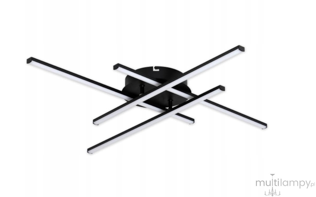 Czarna lampa sufitowa Grando LED 34W z czterema prostokątnymi ramionami o białym świetle. Produkt zamontowany na okrągłej podstawie, widok z dołu, ukazujący nowoczesny, minimalistyczny design.