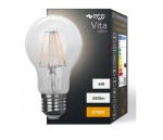 Żarówka LED GLS z przezroczystą bańką, moc 6W, temperatura barwowa 2700K, emitująca ciepłe światło. Widoczny gwint E27, wewnętrzne włókna, opakowanie z informacjami o wydajności energetycznej i lumenach (660lm).