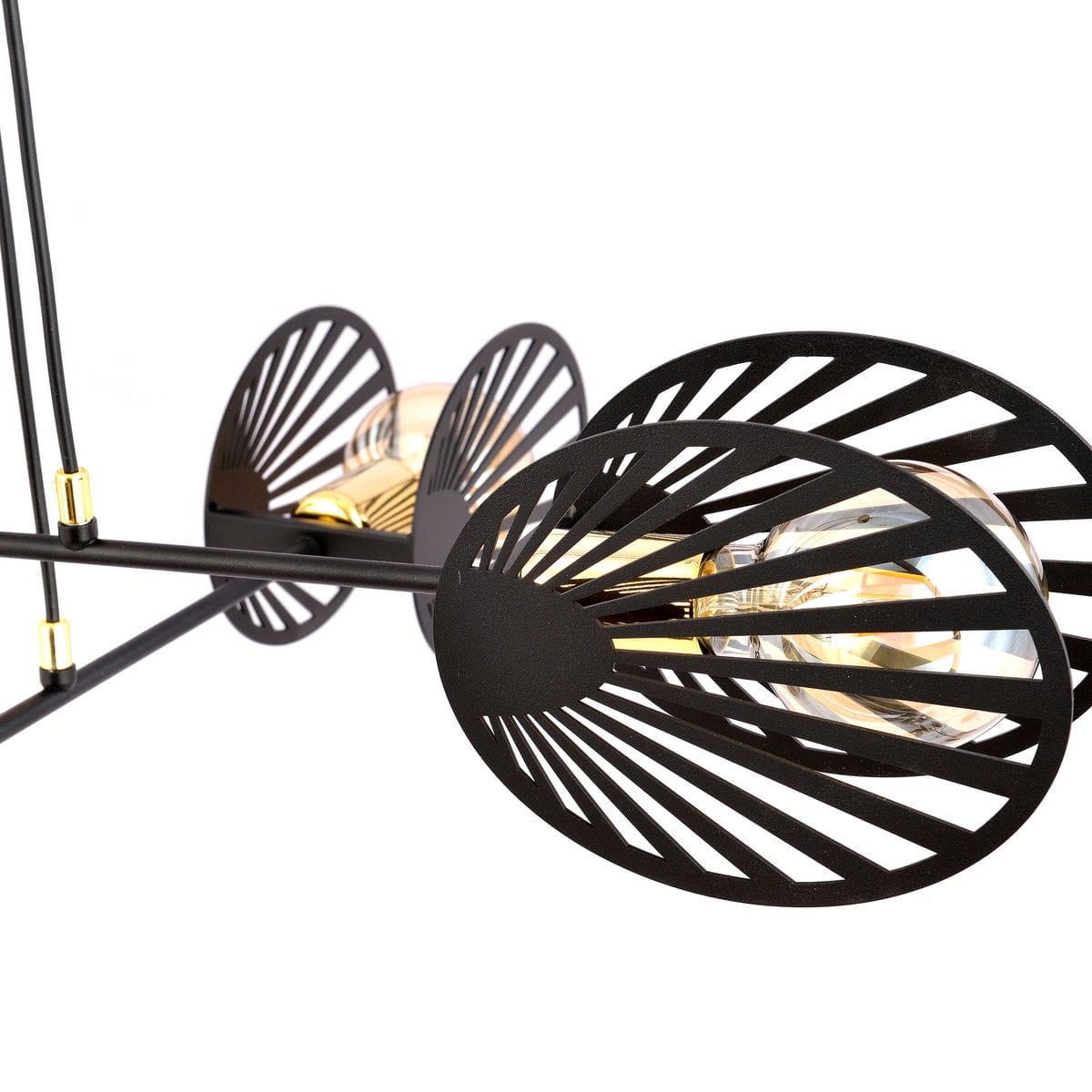 Czarna lampa wisząca Playa 4-punktowa z metalowymi kloszami o wzorze promieniowym. Produkt wisi na cienkich linkach, widoczne żarówki w szklanych oprawach. Ujęcie z boku, ukazujące detale i strukturę kloszy.