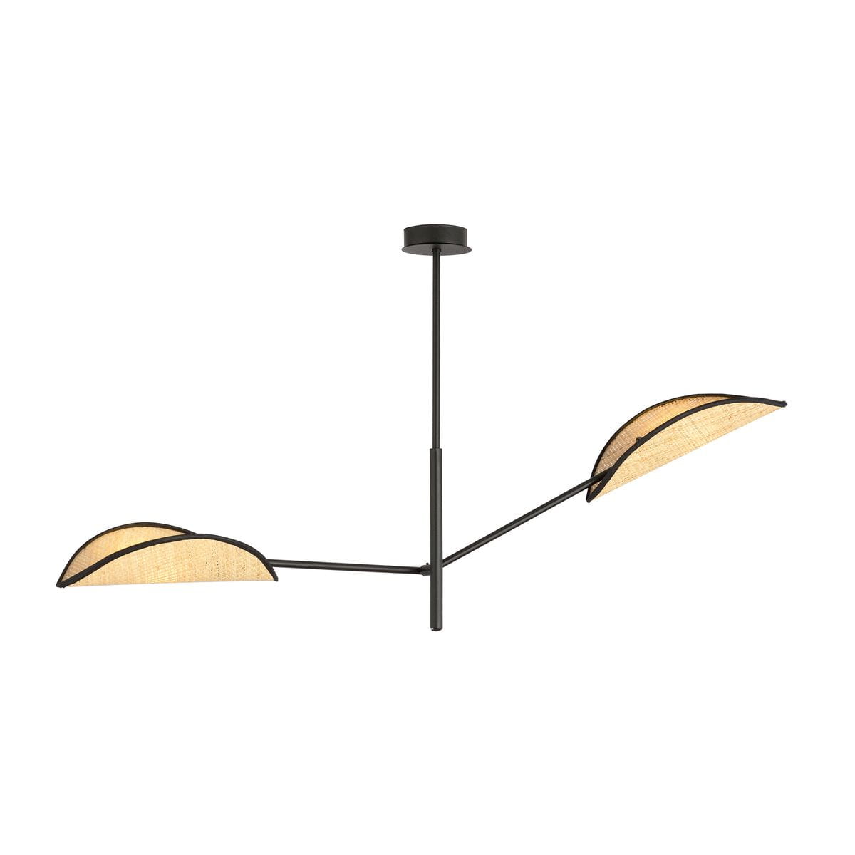 Lampa sufitowa Vene 2-punktowa w kolorze czarnym z rattanowymi kloszami, umieszczona pod kątem. Metalowa konstrukcja z dwoma półokrągłymi kloszami, zawieszona na długim przewodzie, na białym tle.
